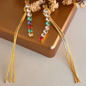 Brinco strass com pedras coloridas e franja