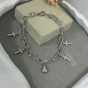 Pulseira de aço com pingente nossa senhora e cruz