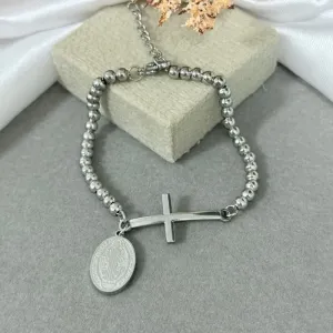 Pulseira de cruz com pingente de São Bento de aço