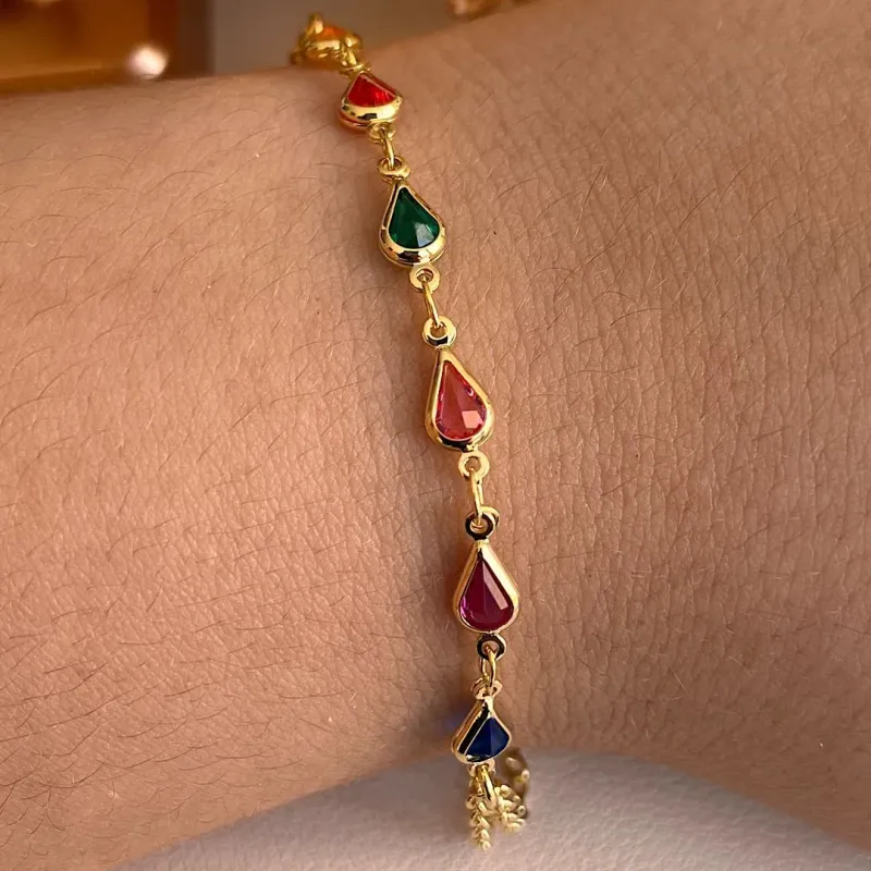 Pulseira dourada corrente dupla com gotas multicolor