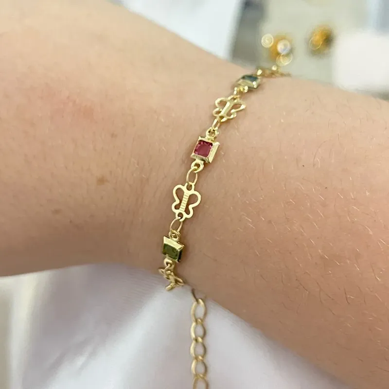 Pulseira Alinhados com borboletas e pedras coloridas