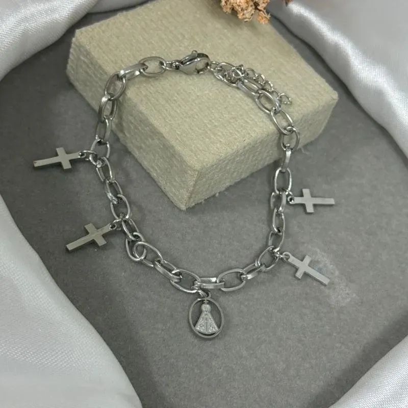 Pulseira de aço com pingente nossa senhora e cruz