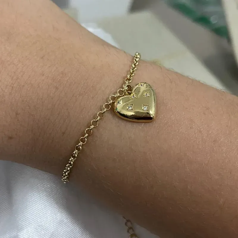 Pulseira dourado elo português com pingente coração