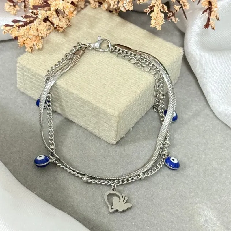Pulseira dupla com pingente coração e olho grego de aço