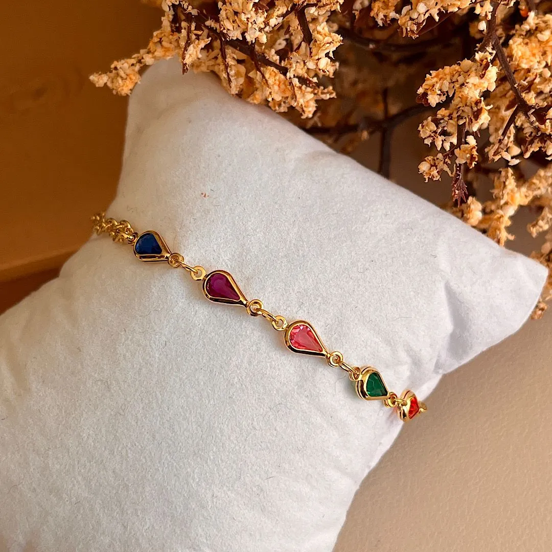 Pulseira dourada corrente dupla com gotas multicolor