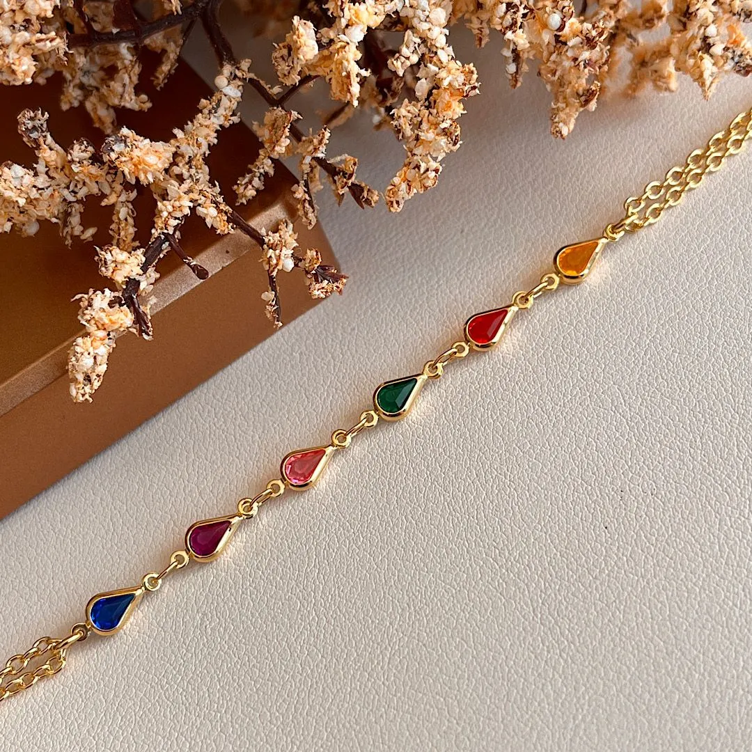Pulseira dourada corrente dupla com gotas multicolor