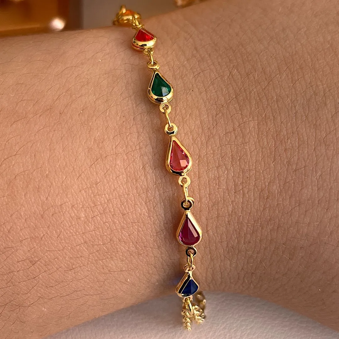 Pulseira dourada corrente dupla com gotas multicolor