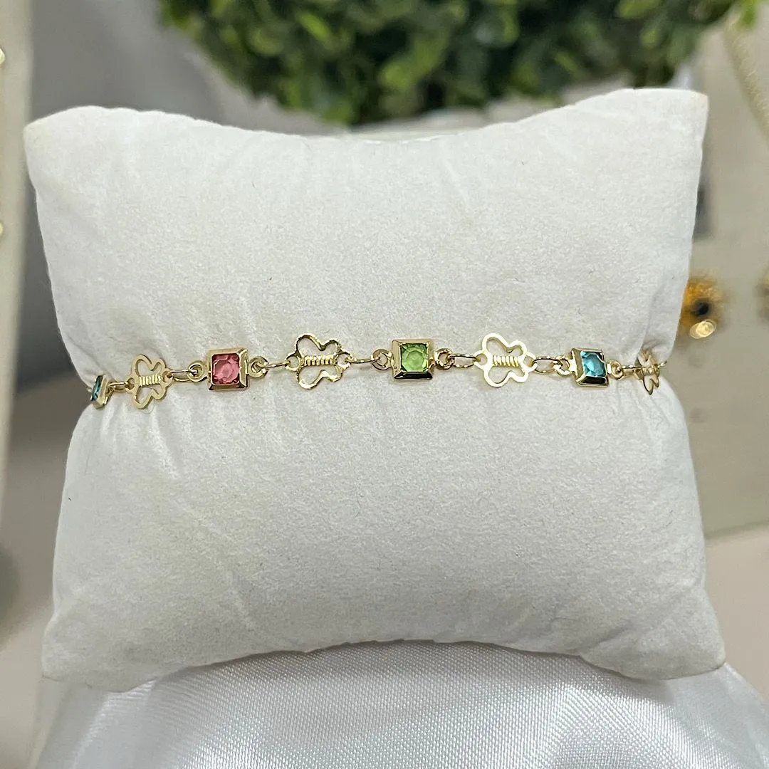 Pulseira Alinhados com borboletas e pedras coloridas