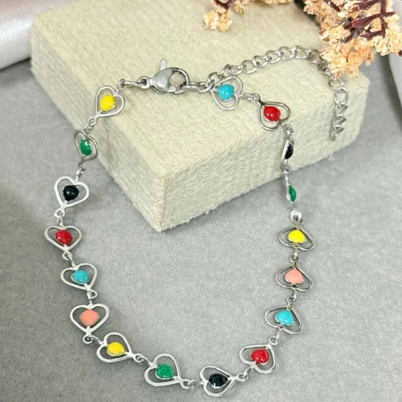 Pulseira coração com pedrinhas coloridas de aço