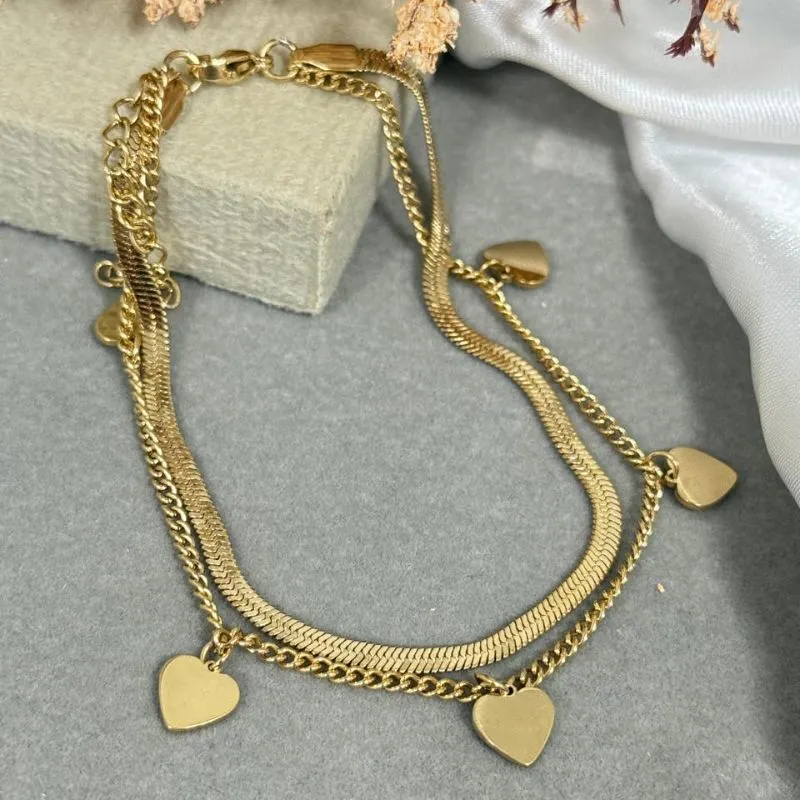 Tornozeleira dupla de aço com pingente coração