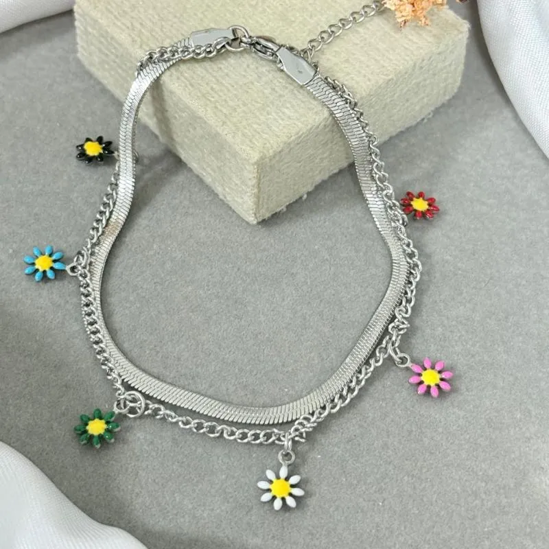 Tornozeleira dupla de aço com pingente flor
