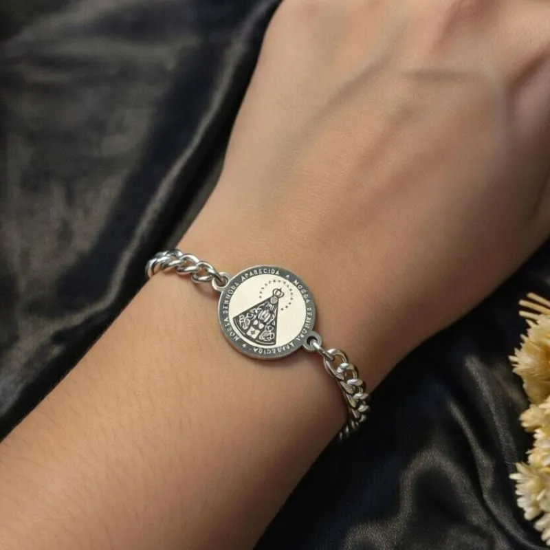 Pulseira aço pingente nossa senhora